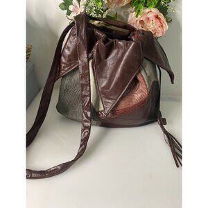 Reem Real Leather Burgundy Brown Boho Patch Work Satchel Crossbody Purse Tassels